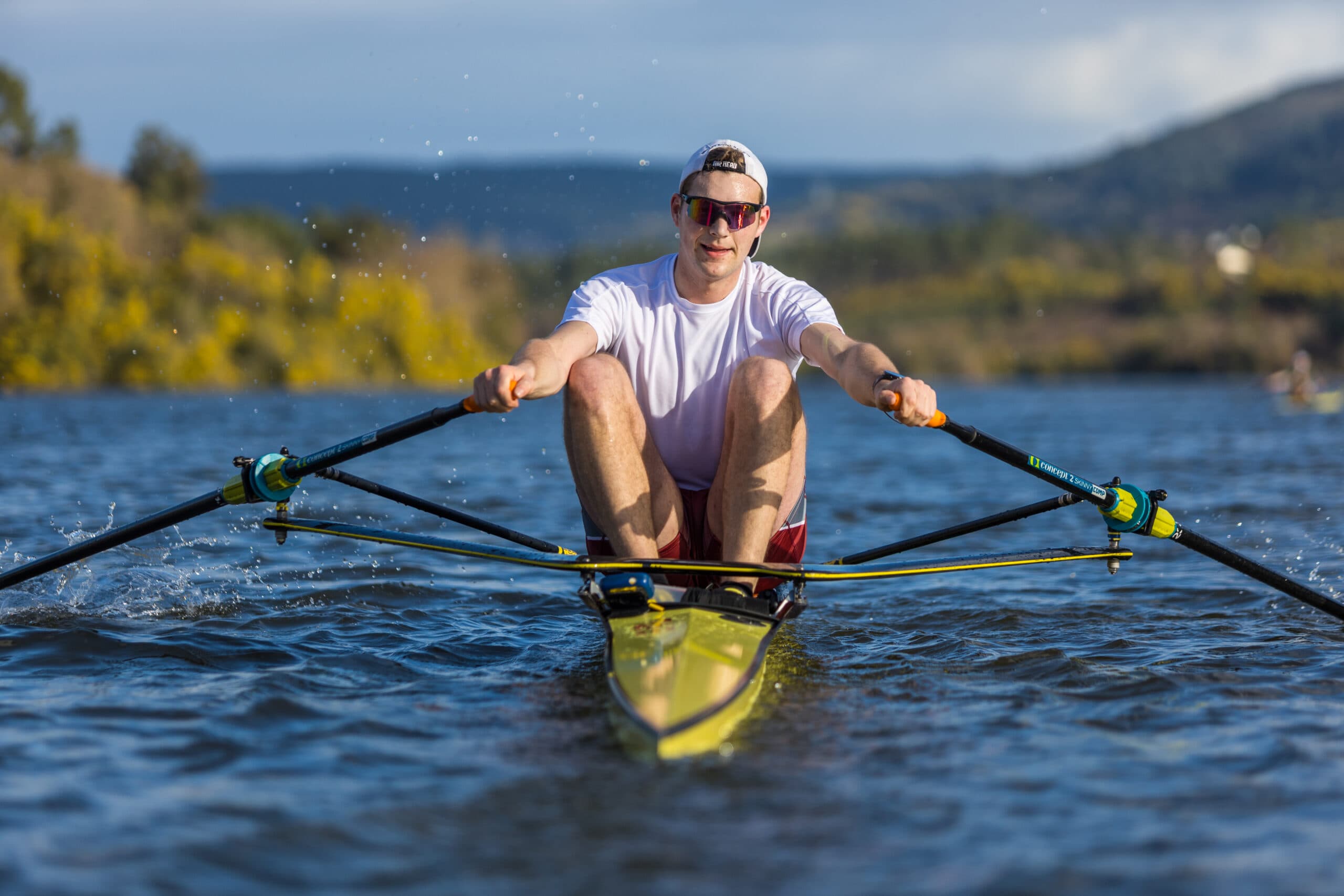Rowing crew training on open water